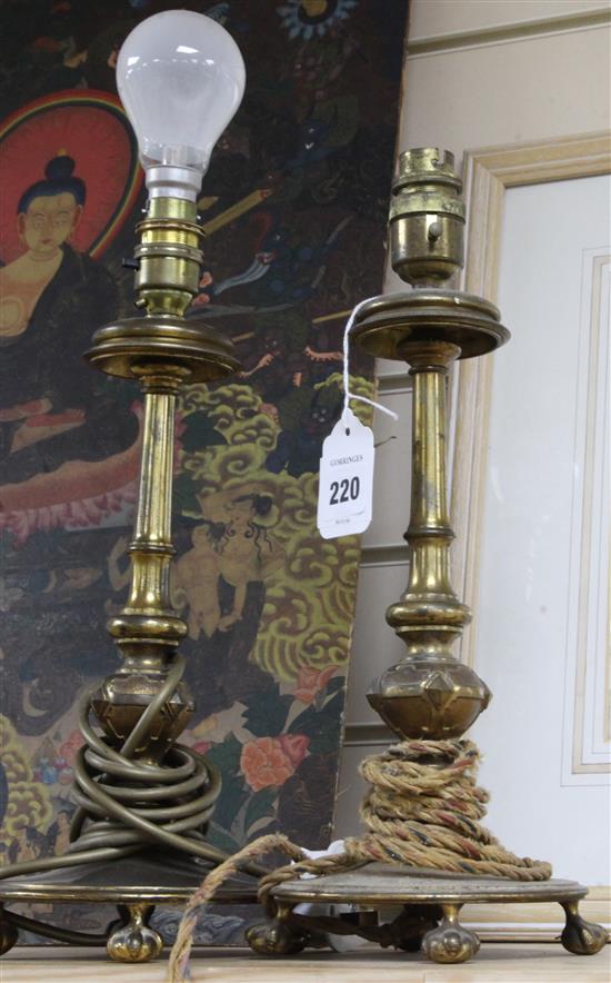 A pair of gilt brass baluster lamps, possibly to a design by Edward Middleton Barry, circa 1900, H. 13in.